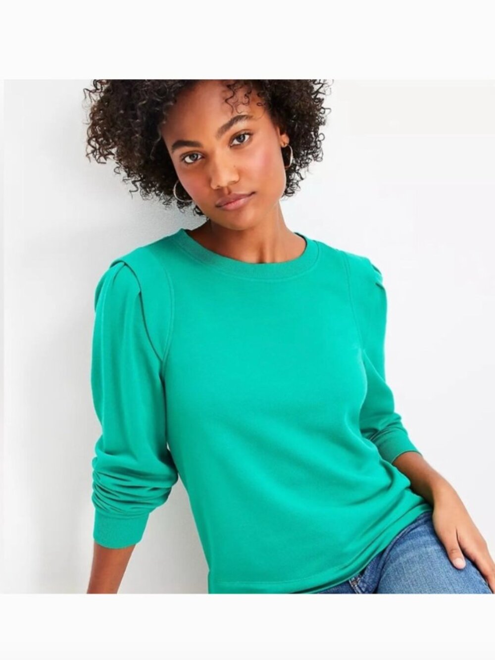 Loft Emerald Green Crewneck Pleated Sleeve Sweatshirt, Medium